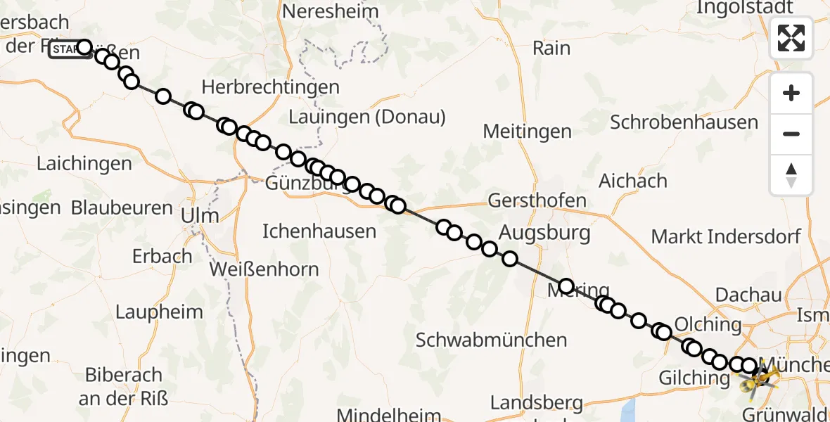 Flugroute Rettungshubschrauber Göppingen - DRF Air Rescue München Hubschrauberlandeplatz, 06 Mai 2026, 22:32