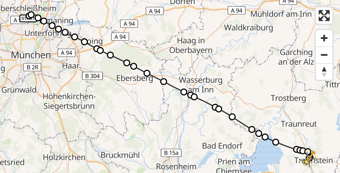 Flugroute Rettungshubschrauber Oberschleißheim - Traunstein Hospital, 07 Mai 2026, 03:54
