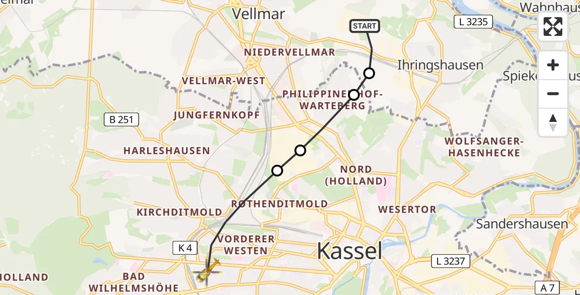 Flugroute Rettungshubschrauber Fuldatal Bundespolizei Hubschrauberlandeplatz - Kassel, 07 Mai 2026, 05:02