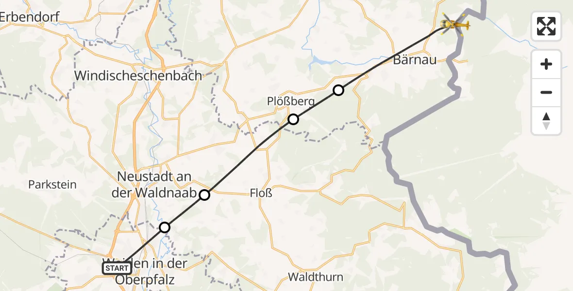 Flugroute Rettungshubschrauber Weiden i.d.OPf. - Bärnau, 07 Mai 2026, 05:23