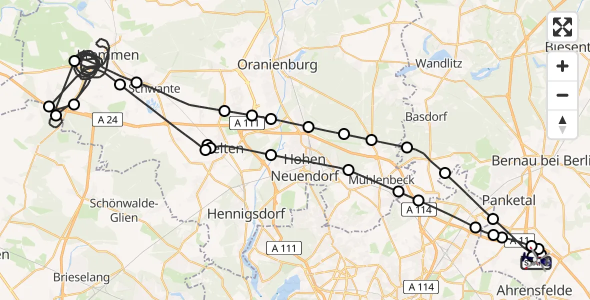 Flugroute Polizeihubschrauber Ahrensfelde Hubschrauberlandeplatz - Ahrensfelde Hubschrauberlandeplatz, 07 Mai 2026, 05:31