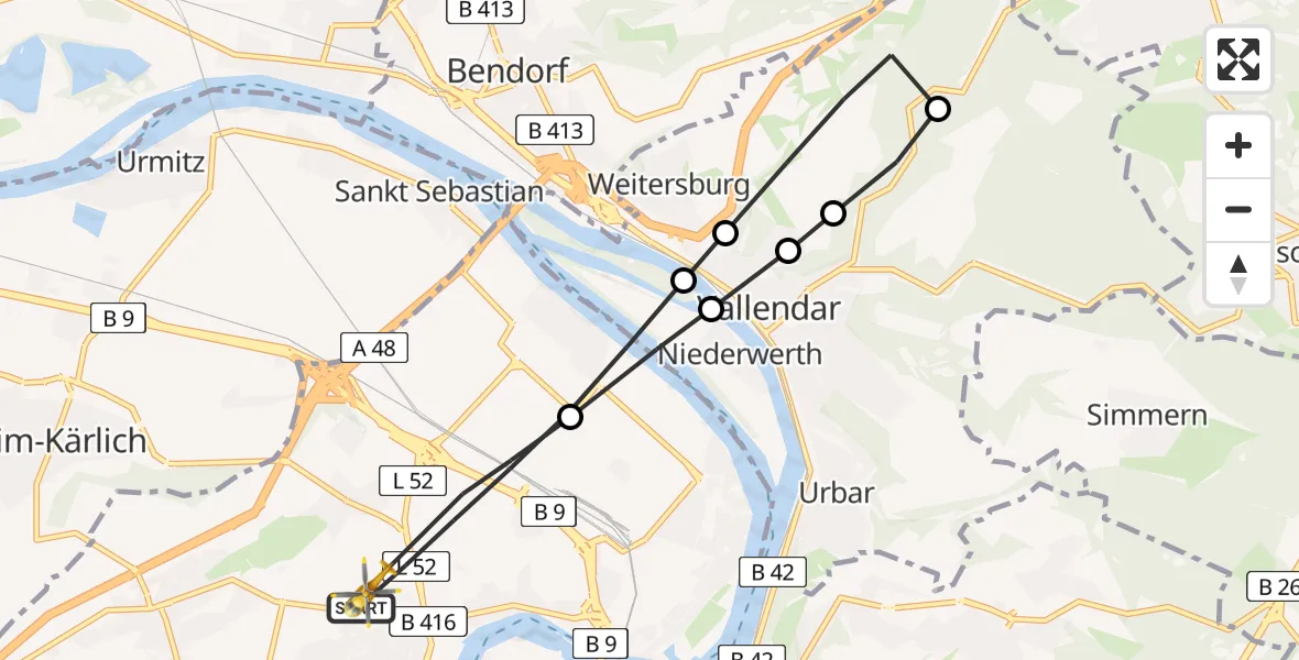 Flugroute Rettungshubschrauber Koblenz - Koblenz, 07 Mai 2026, 05:35