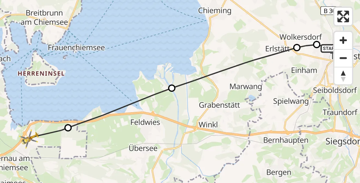 Flugroute Rettungshubschrauber Traunstein Hospital - Bernau a.Chiemsee, 07 Mai 2026, 05:37