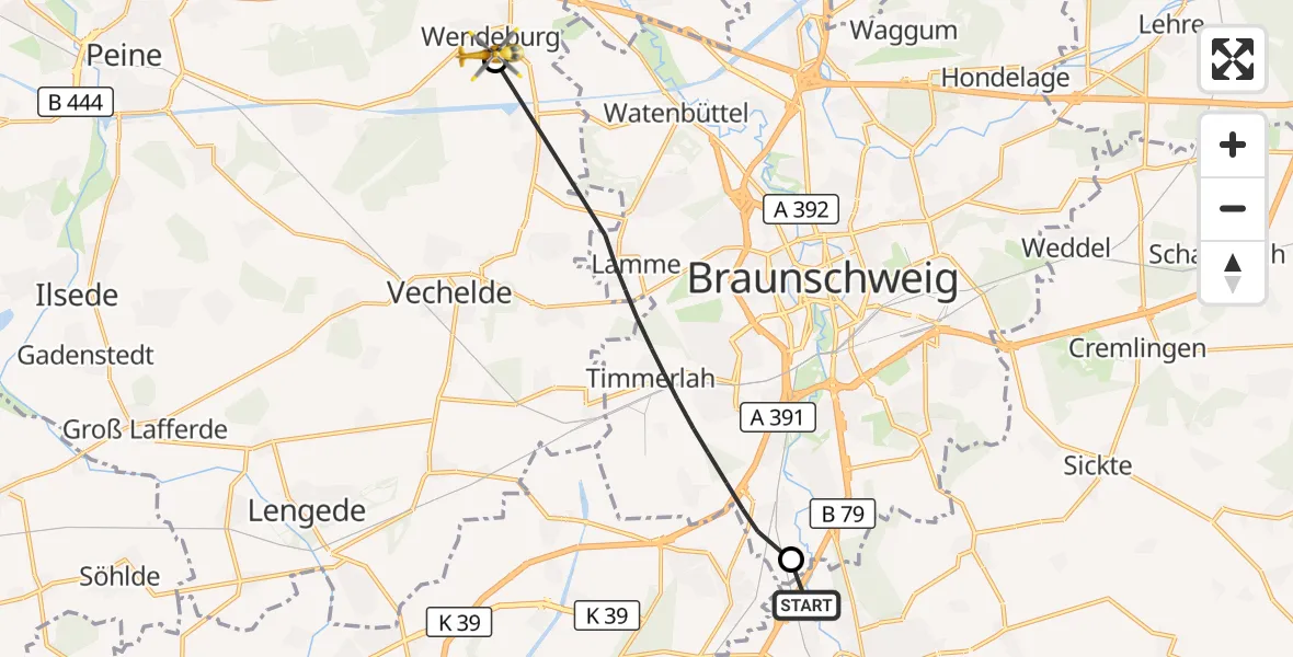 Flugroute Rettungshubschrauber Wolfenbüttel - Wendeburg, 07 Mai 2026, 06:07