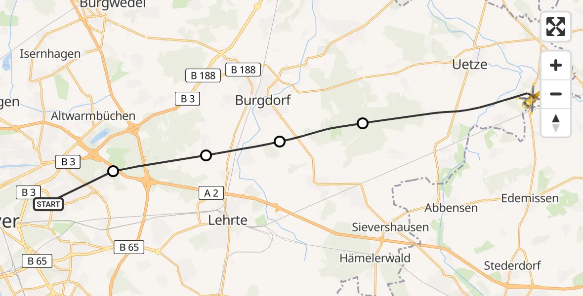 Flugroute Rettungshubschrauber Hannover Luftrettung Hubschrauberlandeplatz (Christoph 4) - Uetze, 07 Mai 2026, 06:09