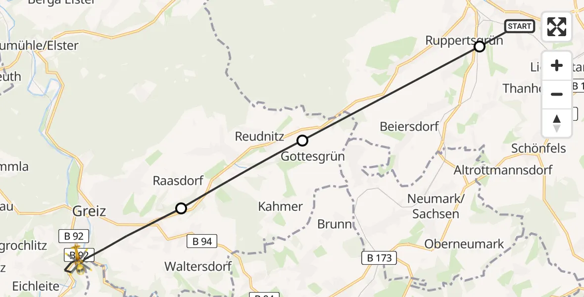 Flugroute Rettungshubschrauber Werdau - Greiz, 07 Mai 2026, 06:12