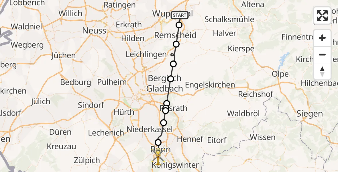 Flugroute Ambulanzhubschrauber Wuppertal - Bonn, 07 Mai 2026, 06:41