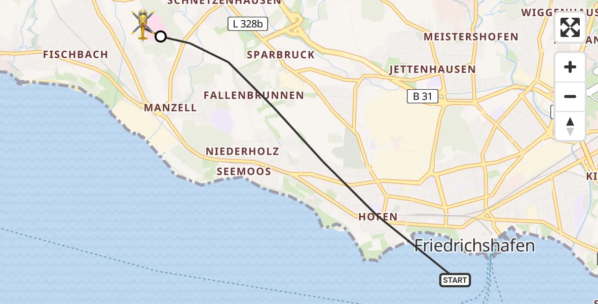 Flugroute Rettungshubschrauber Friedrichshafen - Friedrichshafen Hospital, 07 Mai 2026, 06:41