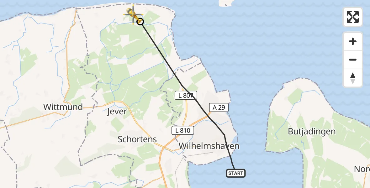 Flugroute Rettungshubschrauber Wilhelmshaven - Noordzee, 07 Mai 2026, 06:41