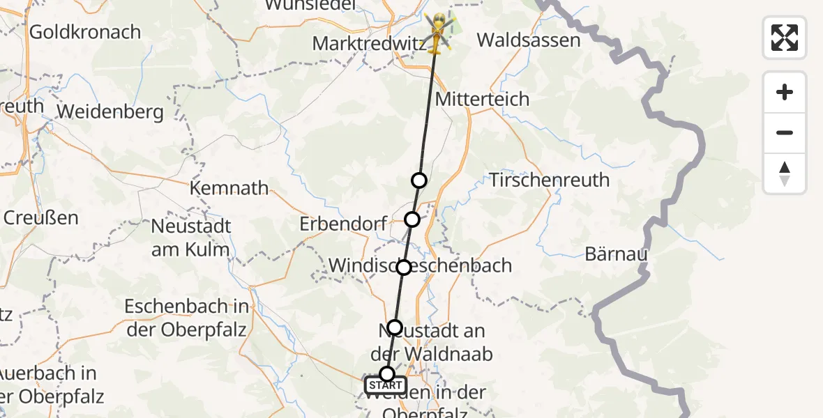 Flugroute Rettungshubschrauber Weiden i.d.OPf. - Arzberg, 07 Mai 2026, 06:43