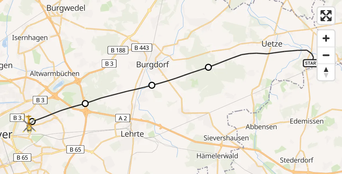 Flugroute Rettungshubschrauber Uetze - Hannover Luftrettung Hubschrauberlandeplatz (Christoph 4), 07 Mai 2026, 06:43