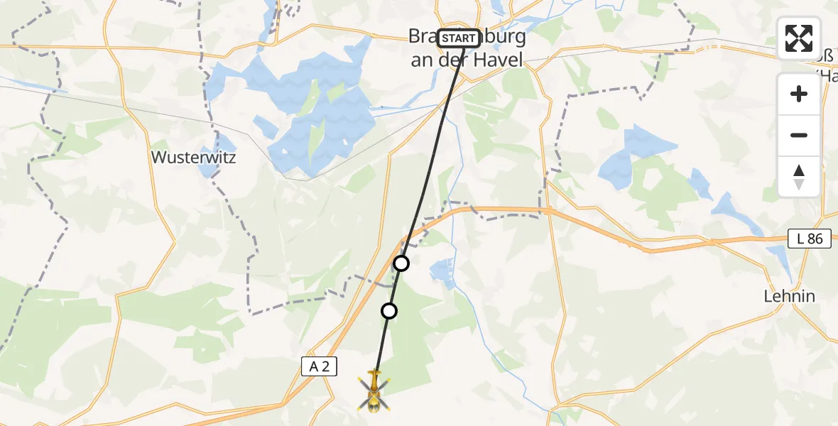 Flugroute Rettungshubschrauber Brandenburg an der Havel - Wollin, 07 Mai 2026, 06:45