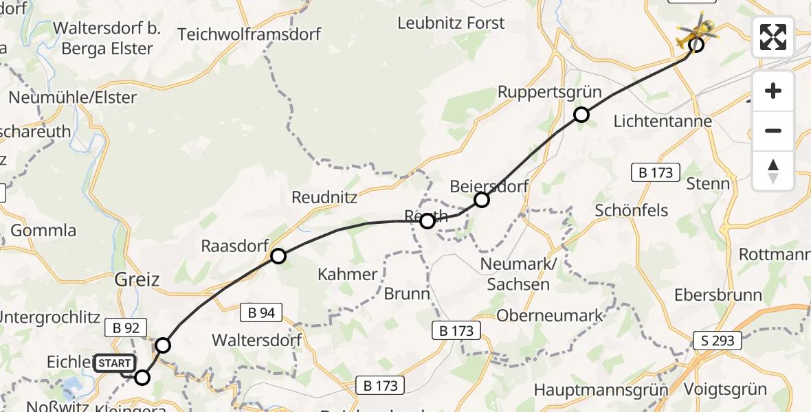 Flugroute Rettungshubschrauber Greiz - ADAC Air Rescue Station Zwickau Hubschrauberlandeplatz, 07 Mai 2026, 06:46