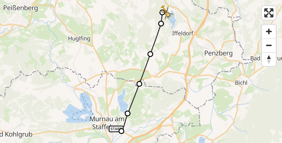 Flugroute Rettungshubschrauber Murnau Accident Hospital - Lauterbacher Mühle am Ostersee Privatklinik Hubschrauberlandeplatz, 07 Mai 2026, 06:58