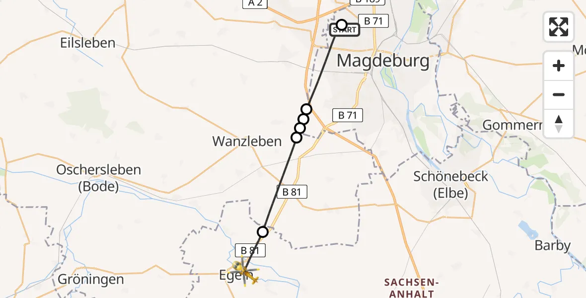 Flugroute Rettungshubschrauber Magdeburg Hospital - Egeln, 07 Mai 2026, 07:03