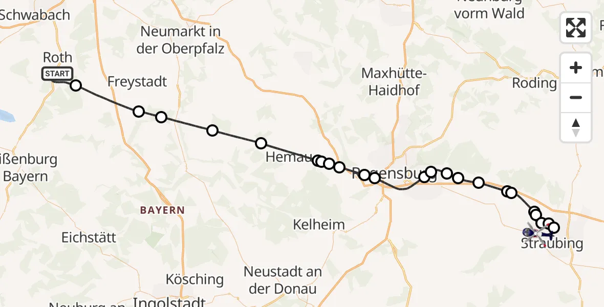 Flugroute Polizeihubschrauber Roth - Straubing, 07 Mai 2026, 07:17