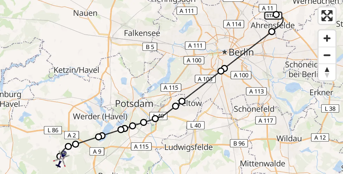 Flugroute Polizeihubschrauber Ahrensfelde Hubschrauberlandeplatz - Beelitz, 07 Mai 2026, 07:19