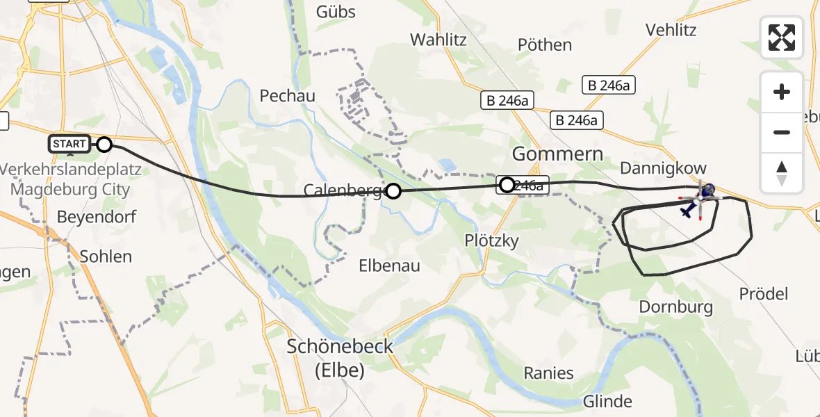 Flugroute Polizeihubschrauber Magdeburg City Flugplatz - Gommern, 07 Mai 2026, 07:21