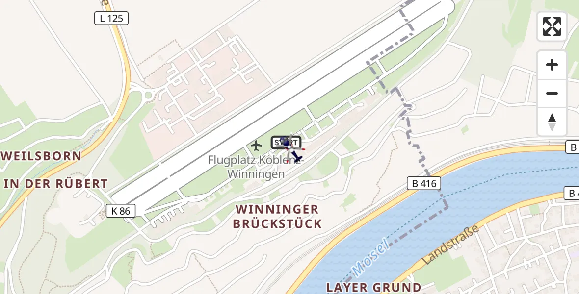 Flugroute Polizeihubschrauber Koblenz-Winningen Flugplatz - Koblenz-Winningen Flugplatz, 07 Mai 2026, 07:21