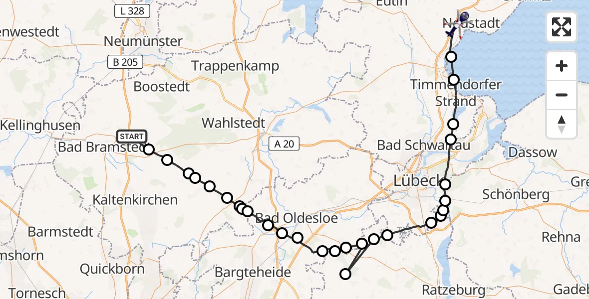 Flugroute Polizeihubschrauber Bimöhlen - Sierksdorf, 07 Mai 2026, 07:23
