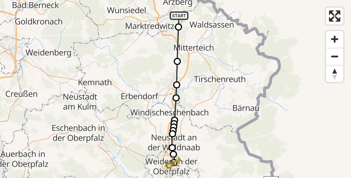 Flugroute Rettungshubschrauber Arzberg - Weiden Hospital, 07 Mai 2026, 07:24