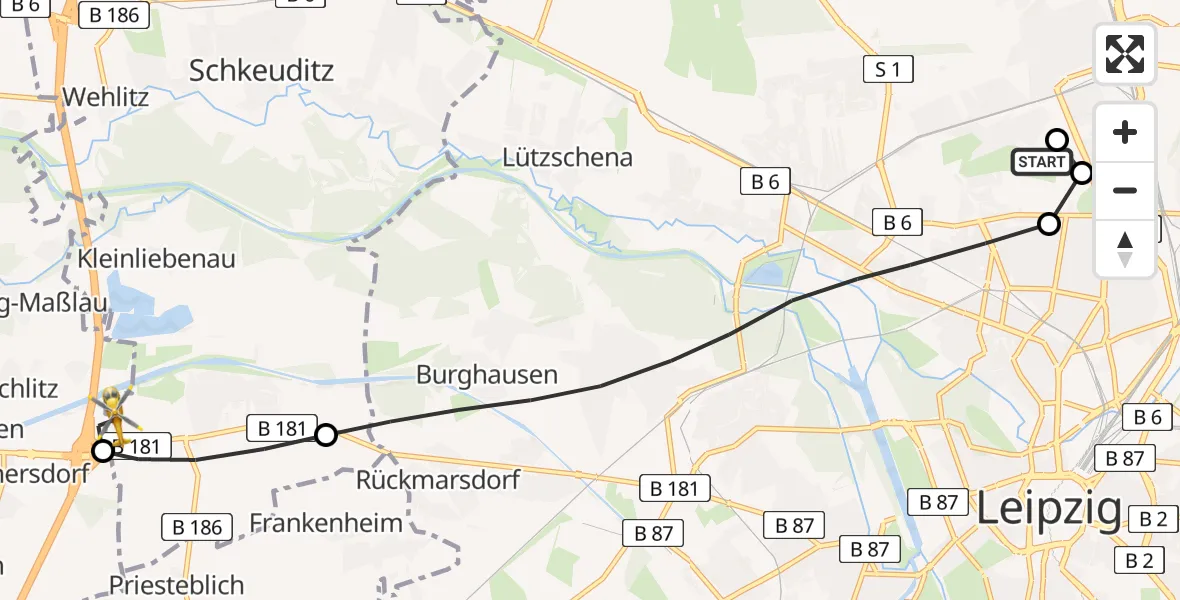 Flugroute Rettungshubschrauber Sankt Georg Hospital Leipzig Reserve - ADAC Air Rescue Station Leipzig/Schkeuditz-Dölzig Hubschrauberlandeplatz (Christoph 61), 07 Mai 2026, 07:24
