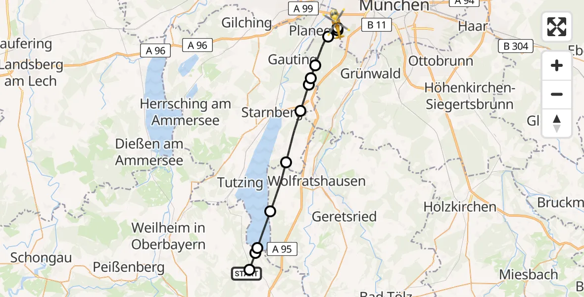 Flugroute Rettungshubschrauber Lauterbacher Mühle am Ostersee Private Hospital - DRF Air Rescue München Hubschrauberlandeplatz, 07 Mai 2026, 07:25