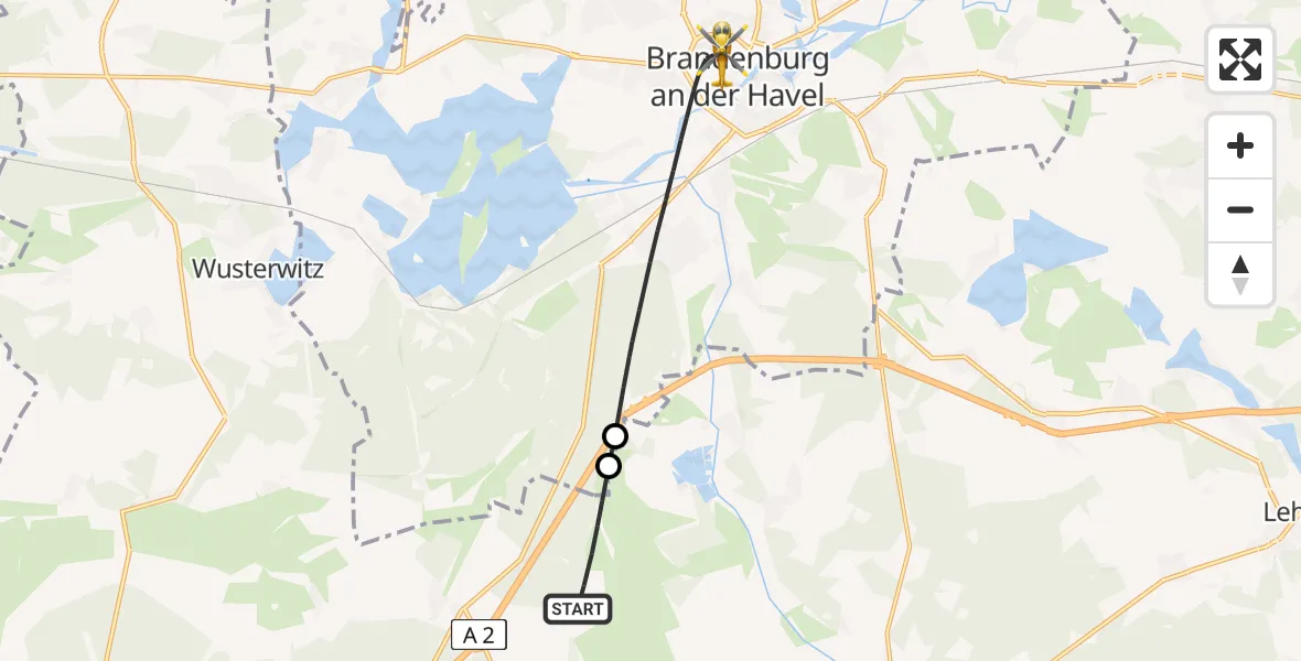 Flugroute Rettungshubschrauber Wollin - Brandenburg an der Havel, 07 Mai 2026, 07:28