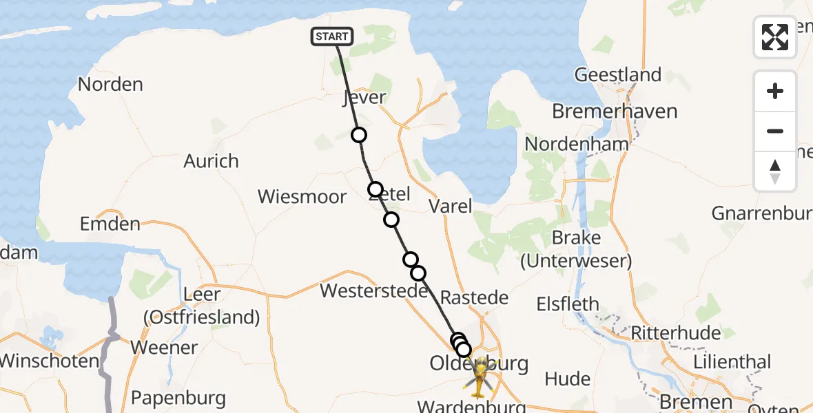 Flugroute Rettungshubschrauber Wittmund - Oldenburg (Oldb), 07 Mai 2026, 07:30