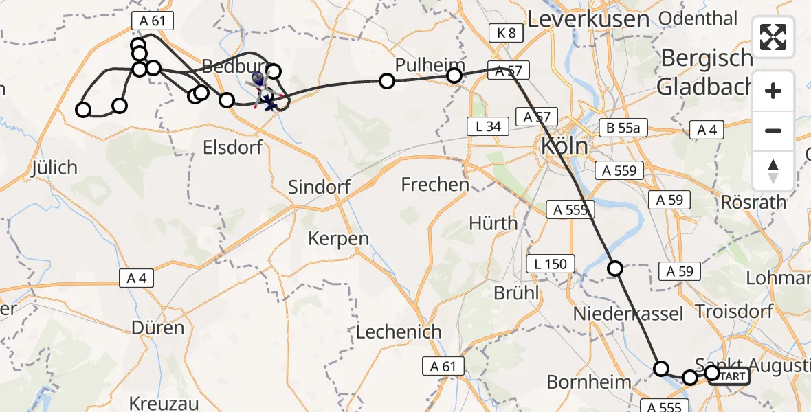 Flugroute Polizeihubschrauber Sankt Augustin - Bergheim Flugplatz, 07 Mai 2026, 07:30