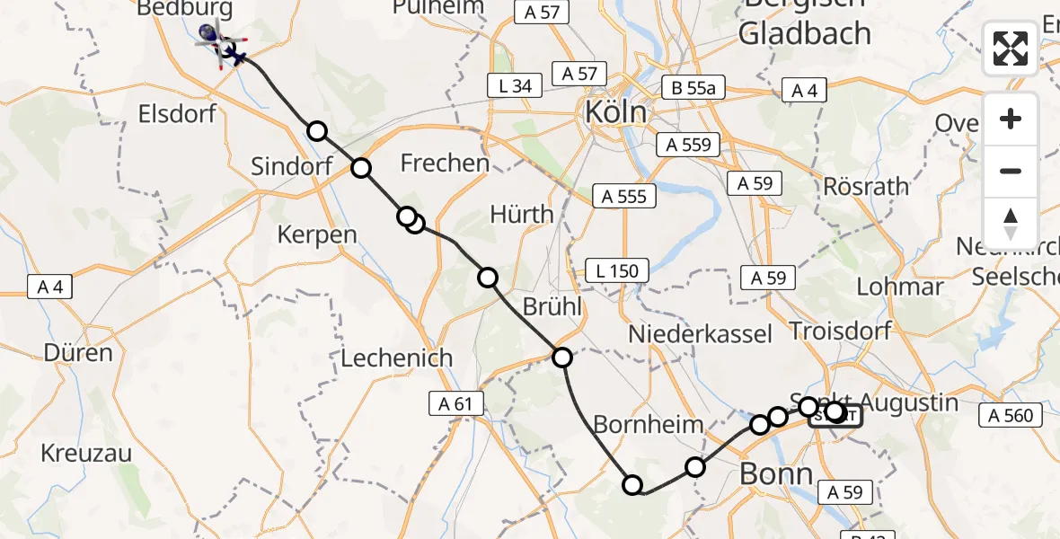 Flugroute Polizeihubschrauber Sankt Augustin - Bergheim Flugplatz, 07 Mai 2026, 07:36