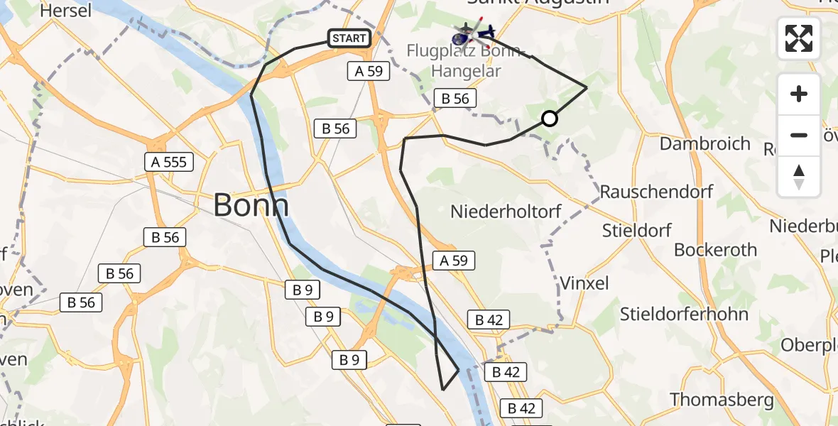 Flugroute Polizeihubschrauber Bonn - Bonn-Hangelar Flugplatz, 07 Mai 2026, 07:37