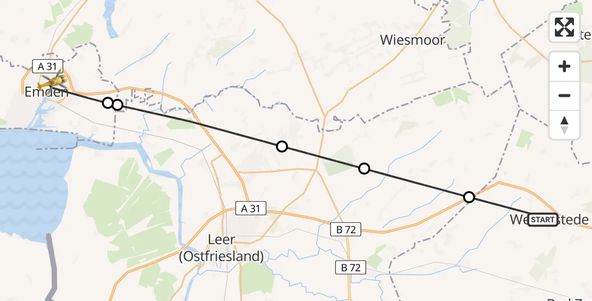 Flugroute Rettungshubschrauber Westerstede - Emden, 07 Mai 2026, 07:44