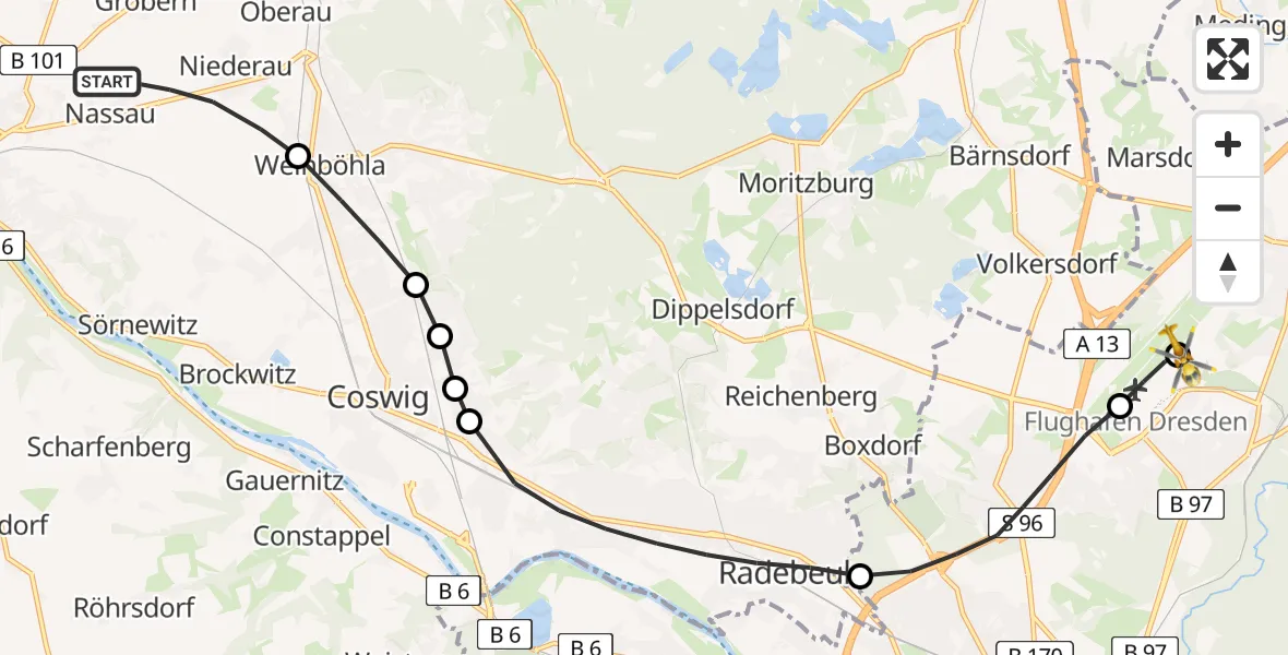 Flugroute Rettungshubschrauber Niederau - Dresden Bundespolizei Hubschrauberlandeplatz, 07 Mai 2026, 07:50