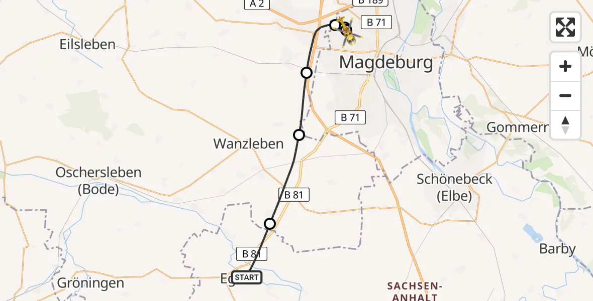 Flugroute Rettungshubschrauber Egeln - Magdeburg Hospital, 07 Mai 2026, 07:51
