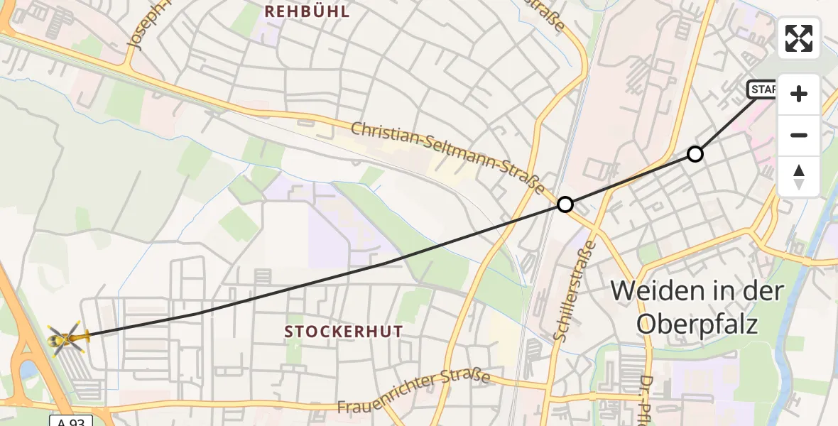 Flugroute Rettungshubschrauber Weiden Hospital - Weiden i.d.OPf., 07 Mai 2026, 08:07