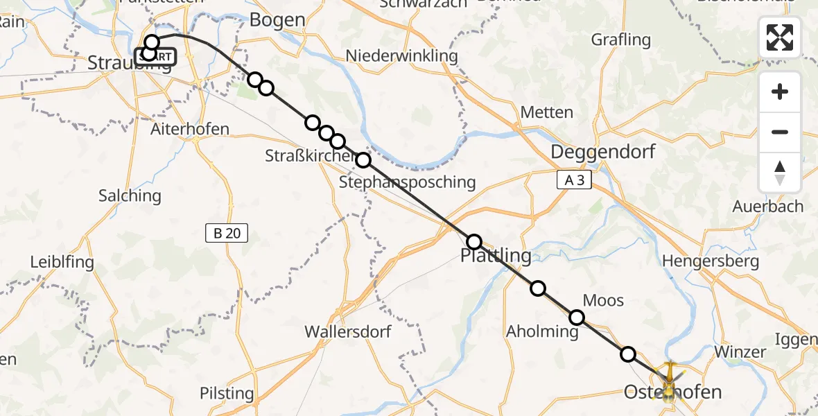 Flugroute Rettungshubschrauber Sankt Elisabeth Hospital Straubing - Osterhofen, 07 Mai 2026, 08:12