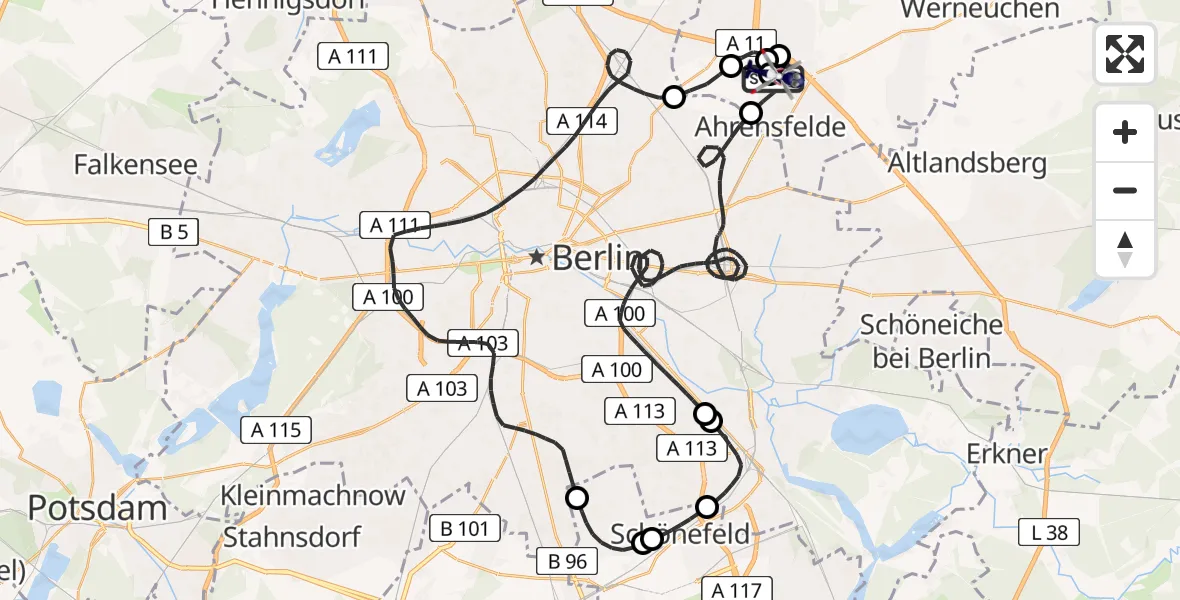 Flugroute Polizeihubschrauber Ahrensfelde Hubschrauberlandeplatz - Ahrensfelde Hubschrauberlandeplatz, 07 Mai 2026, 08:15