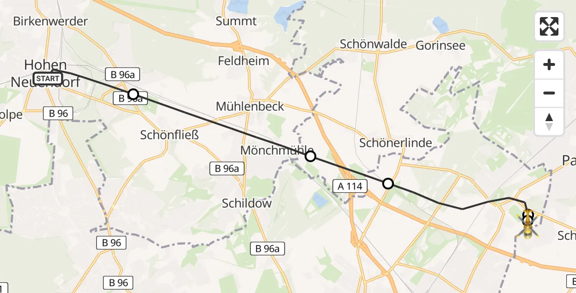 Flugroute Rettungshubschrauber Hohen Neuendorf - Helios Clinic Berlin-Buch, 07 Mai 2026, 08:20