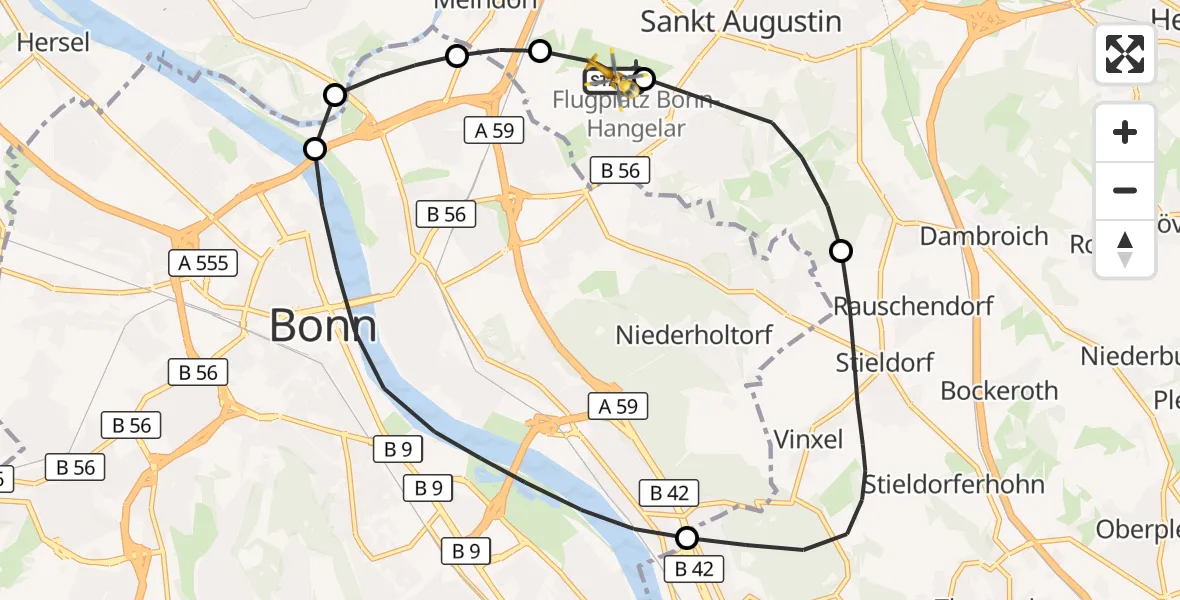 Flugroute Rettungshubschrauber Bonn-Hangelar Flugplatz - Bonn-Hangelar Flugplatz, 07 Mai 2026, 08:22