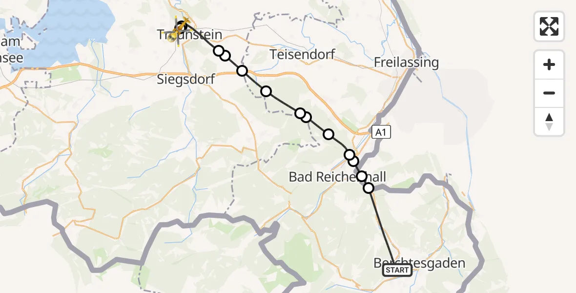 Flugroute Rettungshubschrauber Bischofswiesen - Traunstein Hospital, 07 Mai 2026, 08:32