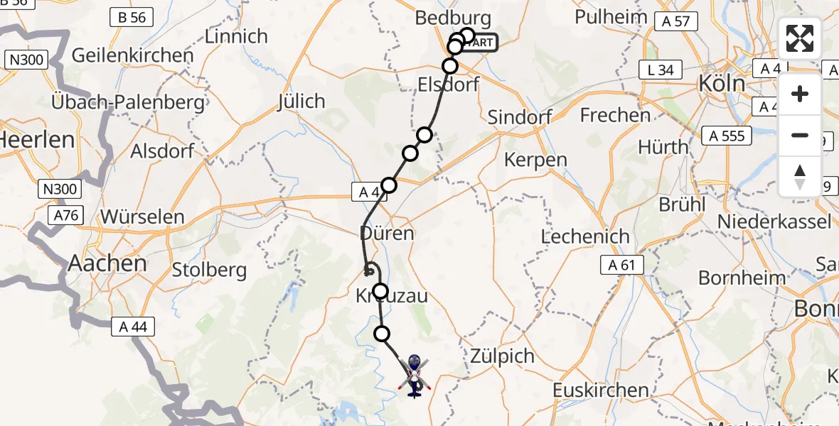 Flugroute Polizeihubschrauber Bergheim Flugplatz - Nideggen, 07 Mai 2026, 08:35