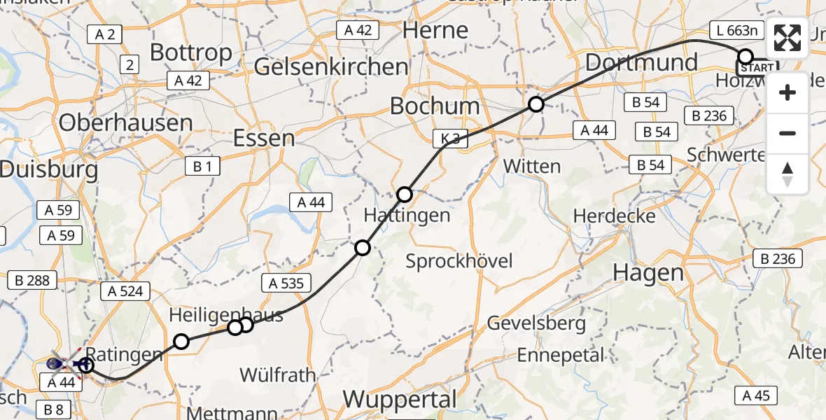 Flugroute Polizeihubschrauber Dortmund Flughafen - Düsseldorf Flughafen, 07 Mai 2026, 08:35