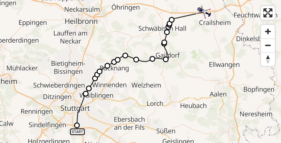 Flugroute Polizeihubschrauber Flughafen Stuttgart - Kirchberg an der Jagst, 07 Mai 2026, 08:41