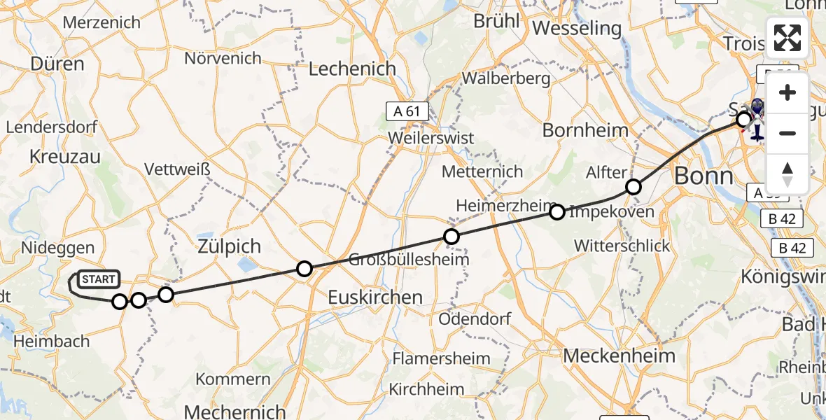 Flugroute Polizeihubschrauber Nideggen - Sankt Augustin, 07 Mai 2026, 09:01