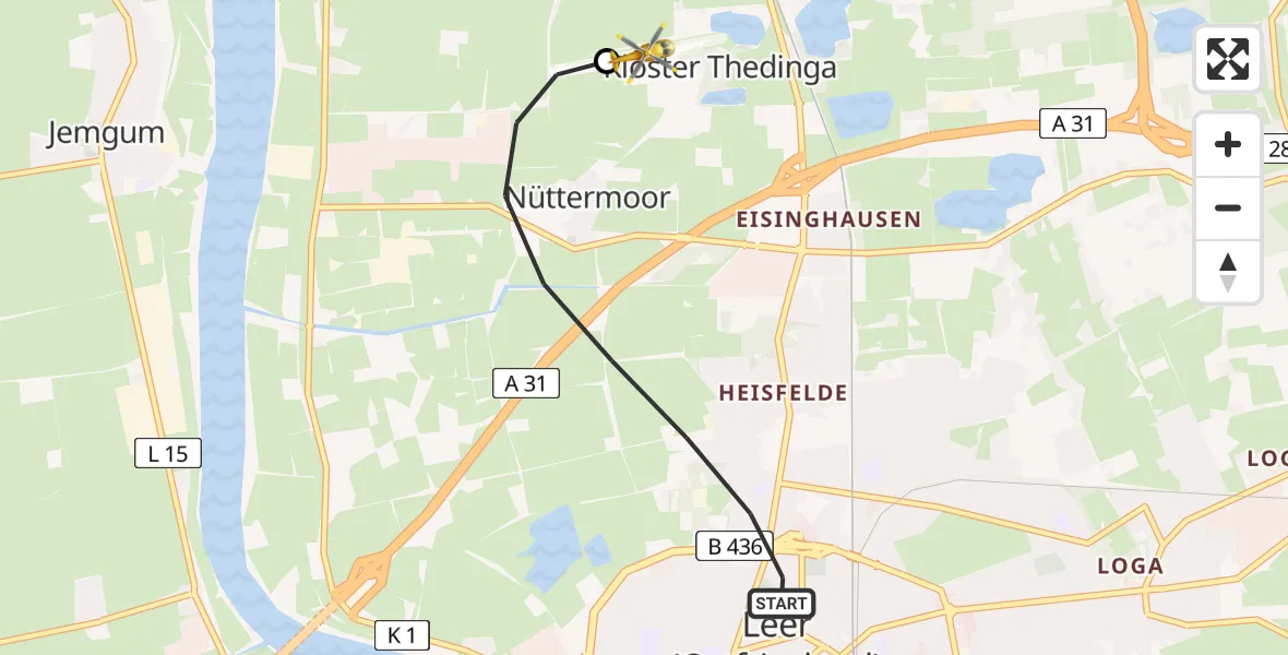 Flugroute Ambulanzhubschrauber Leer (Ostfriesland) - Flugplatz Leer-Papenburg, 07 Mai 2026, 09:02