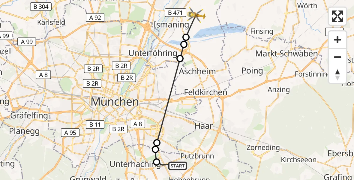 Flugroute Rettungshubschrauber Ottobrunn - Ismaning, 07 Mai 2026, 09:02