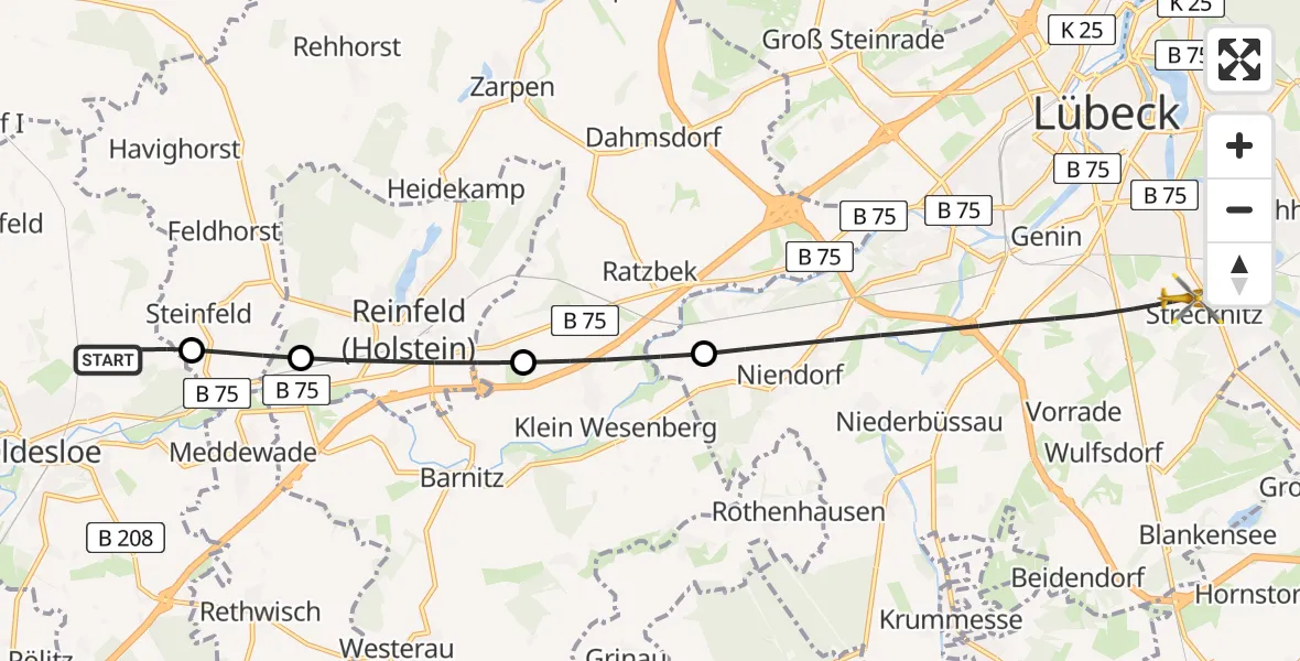 Flugroute Rettungshubschrauber Bad Oldesloe - Lübeck, 07 Mai 2026, 09:03