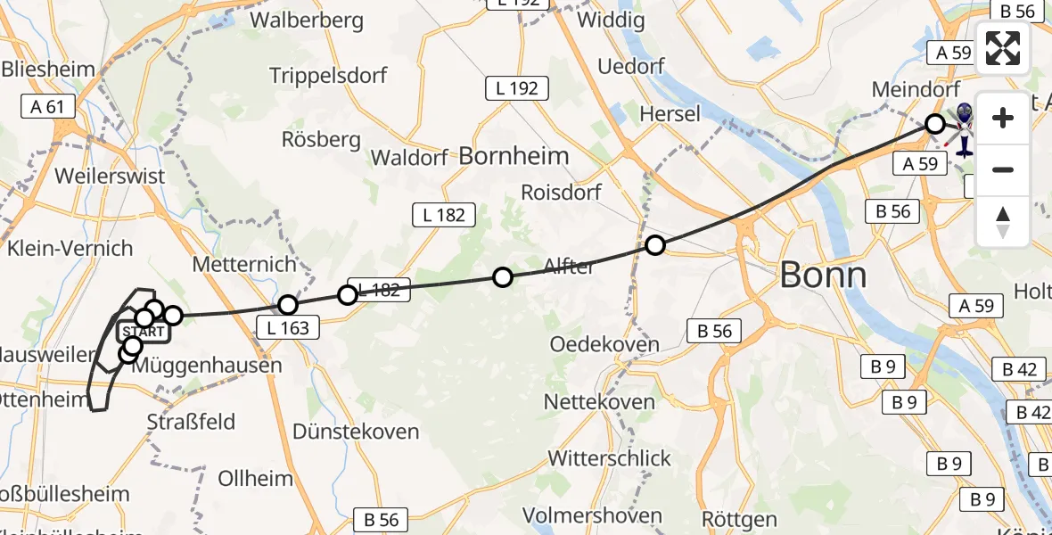 Flugroute Polizeihubschrauber Weilerswist UL - Sankt Augustin, 07 Mai 2026, 09:07