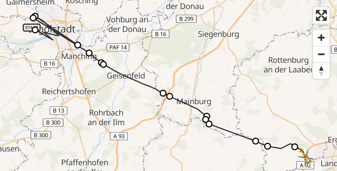 Flugroute Rettungshubschrauber Ingolstadt Hospital - Altdorf, 07 Mai 2026, 09:09